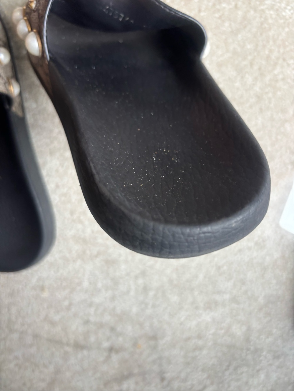 Gucci Black Slides with Pearl-Studded Monogram Straps - Picture 2 of 4
